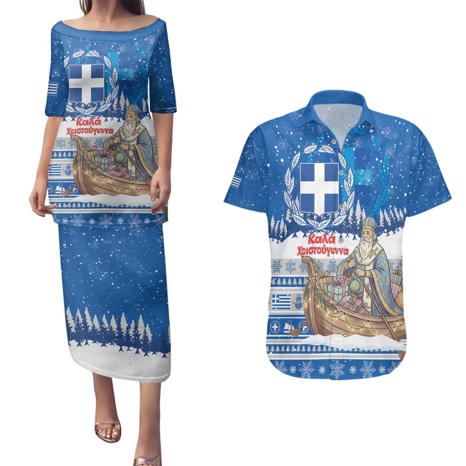Greece Christmas Couples Matching Puletasi and Hawaiian Shirt Saint Basil Kala Cristouyenna - Wonder Print Shop