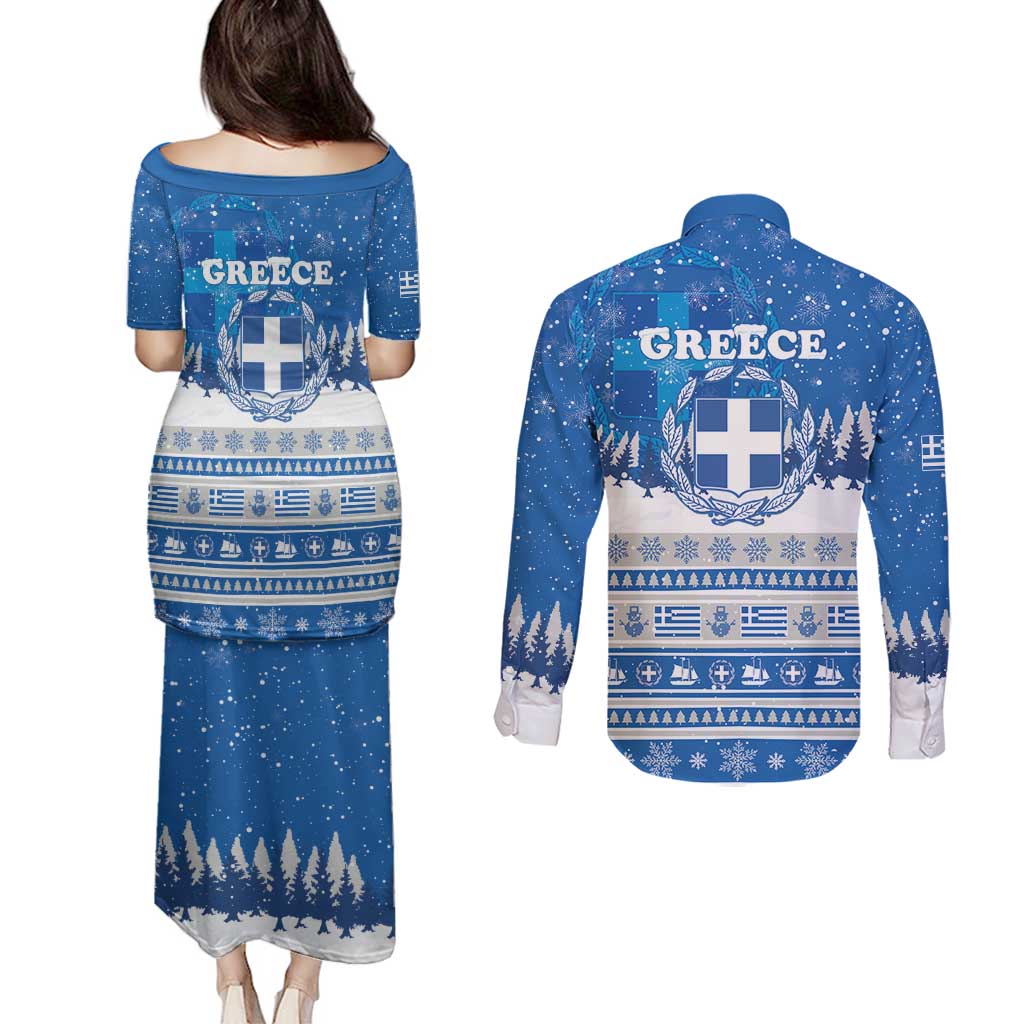 Greece Christmas Couples Matching Puletasi and Long Sleeve Button Shirt Saint Basil Kala Cristouyenna - Wonder Print Shop