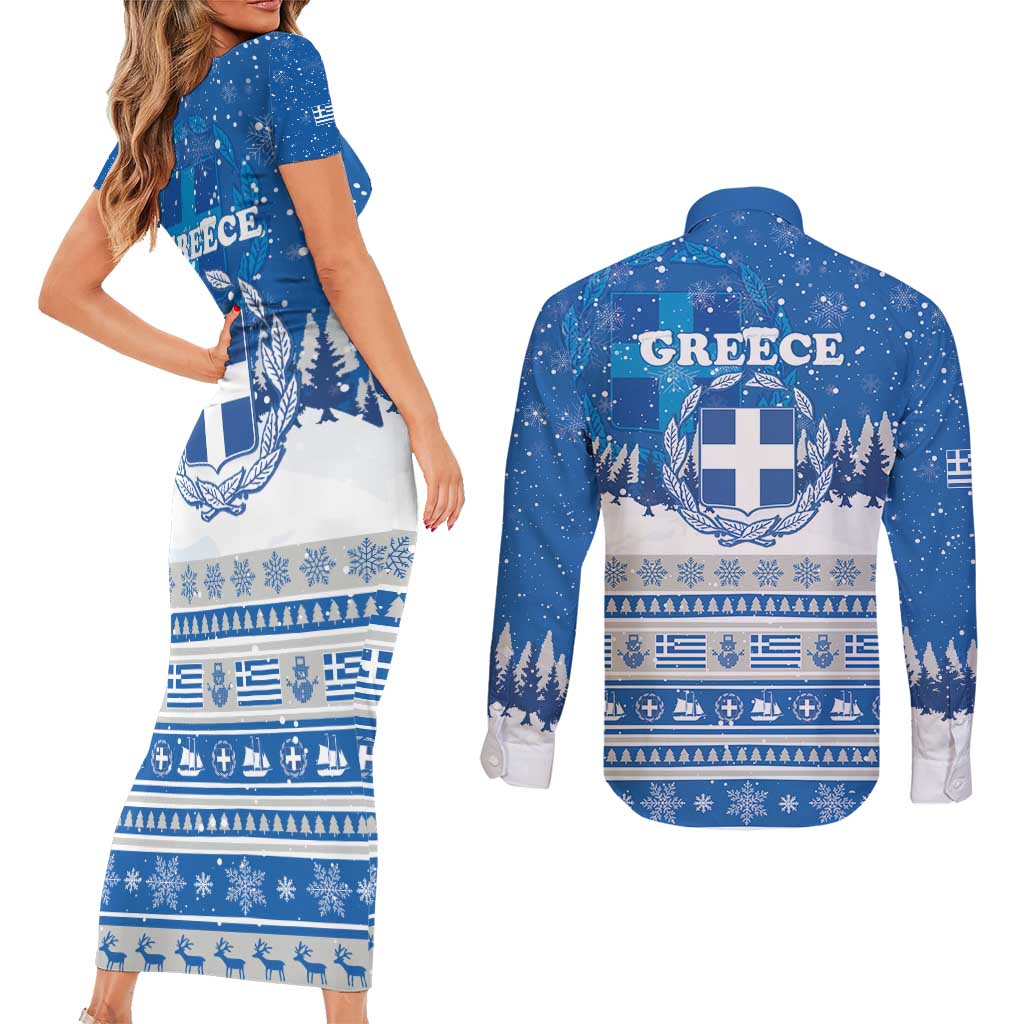 Greece Christmas Couples Matching Short Sleeve Bodycon Dress and Long Sleeve Button Shirt Saint Basil Kala Cristouyenna - Wonder Print Shop
