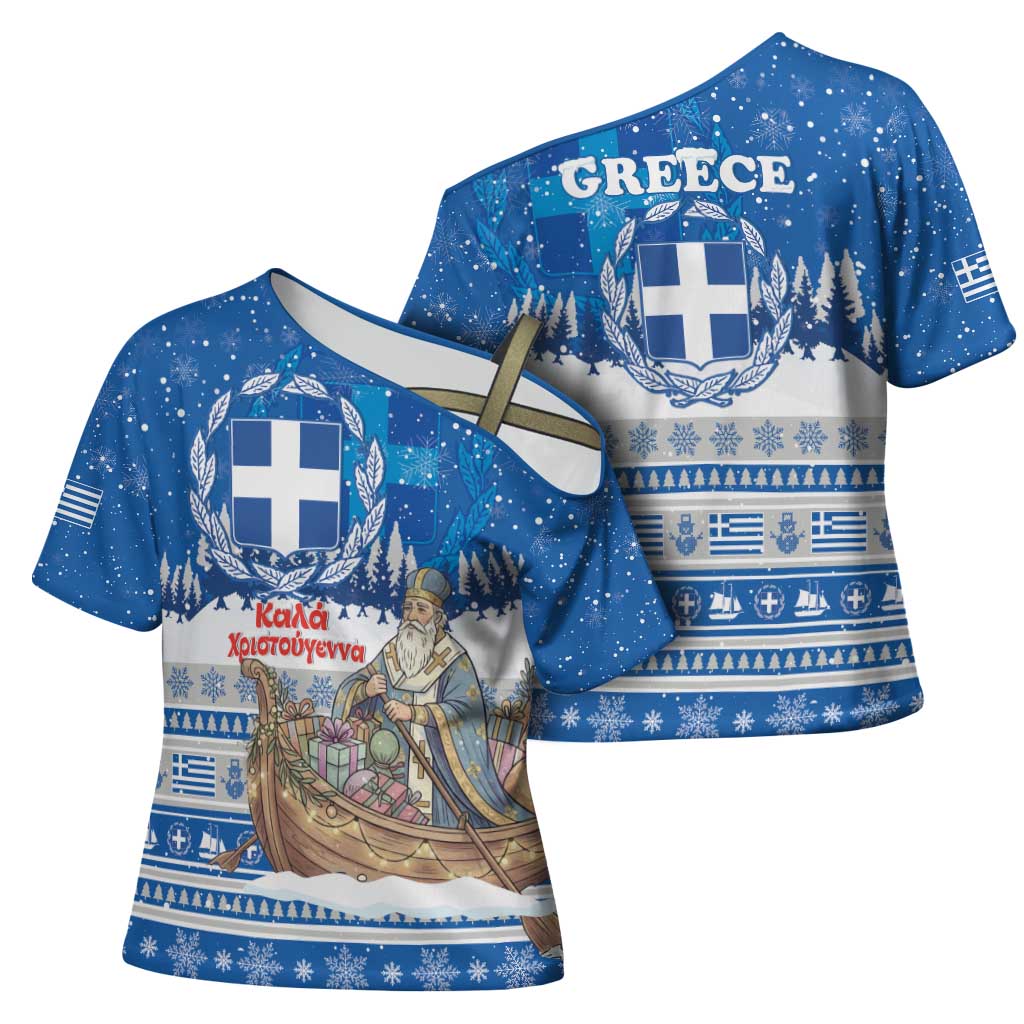 Greece Christmas Cross Shoulder Shirt Saint Basil Kala Cristouyenna - Wonder Print Shop