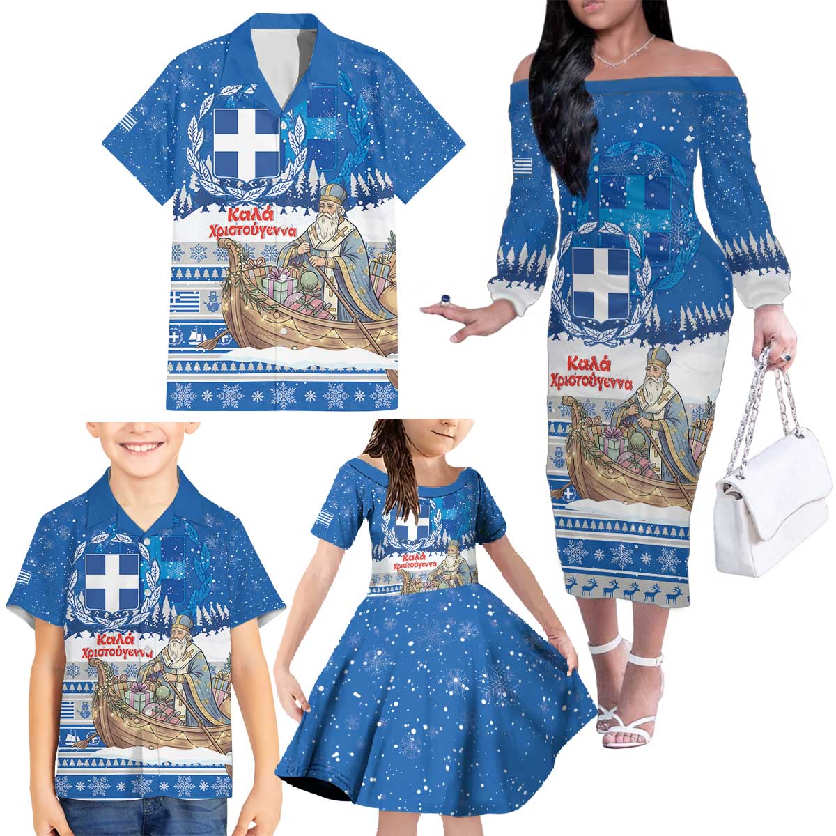 Greece Christmas Family Matching Off The Shoulder Long Sleeve Dress and Hawaiian Shirt Saint Basil Kala Cristouyenna - Wonder Print Shop