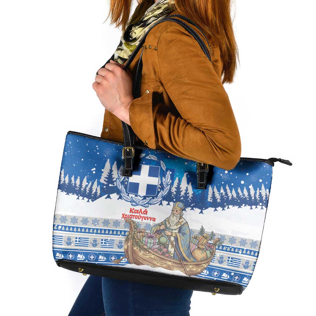 Greece Christmas Leather Tote Bag Saint Basil Kala Cristouyenna - Wonder Print Shop