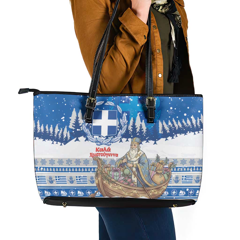Greece Christmas Leather Tote Bag Saint Basil Kala Cristouyenna - Wonder Print Shop