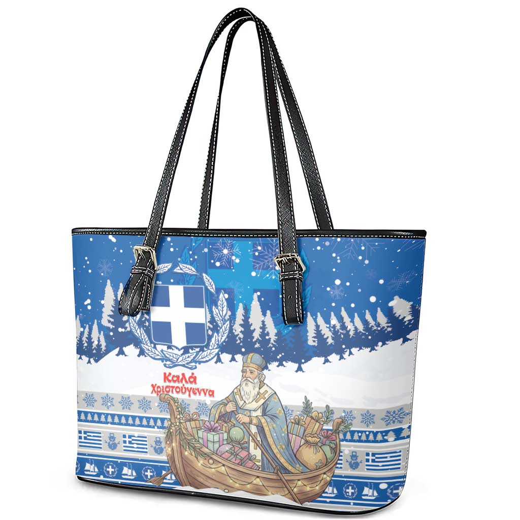 Greece Christmas Leather Tote Bag Saint Basil Kala Cristouyenna - Wonder Print Shop