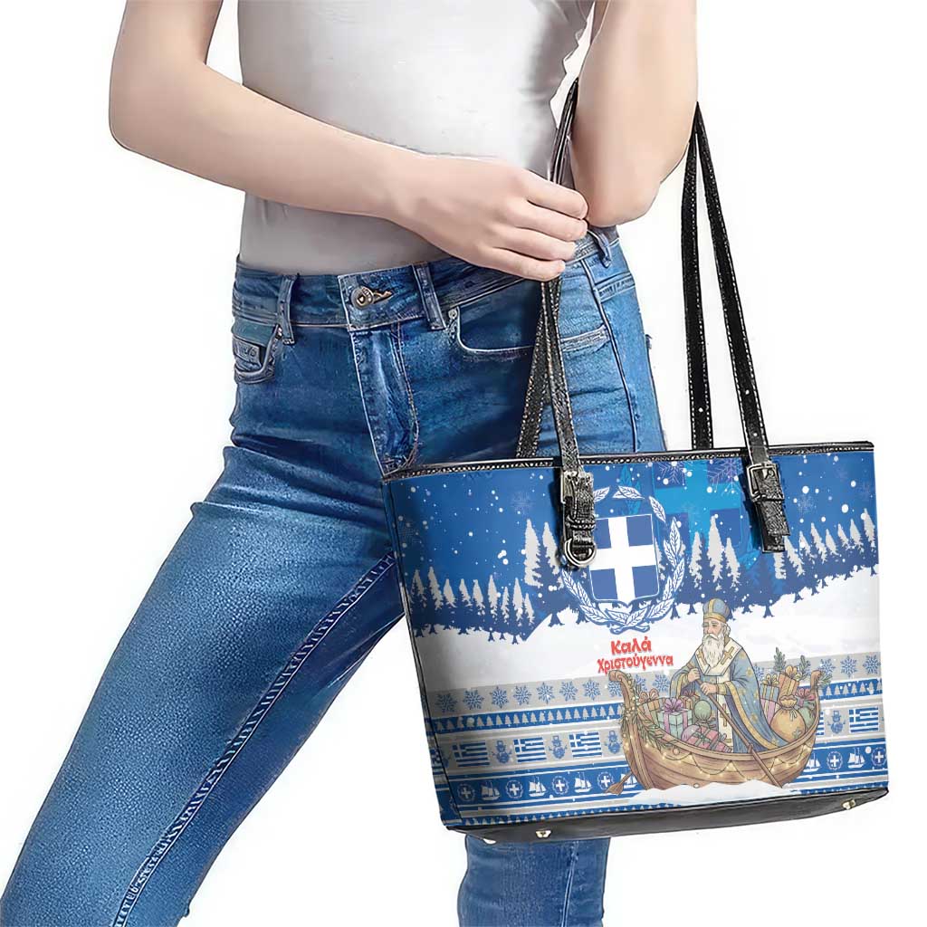 Greece Christmas Leather Tote Bag Saint Basil Kala Cristouyenna - Wonder Print Shop