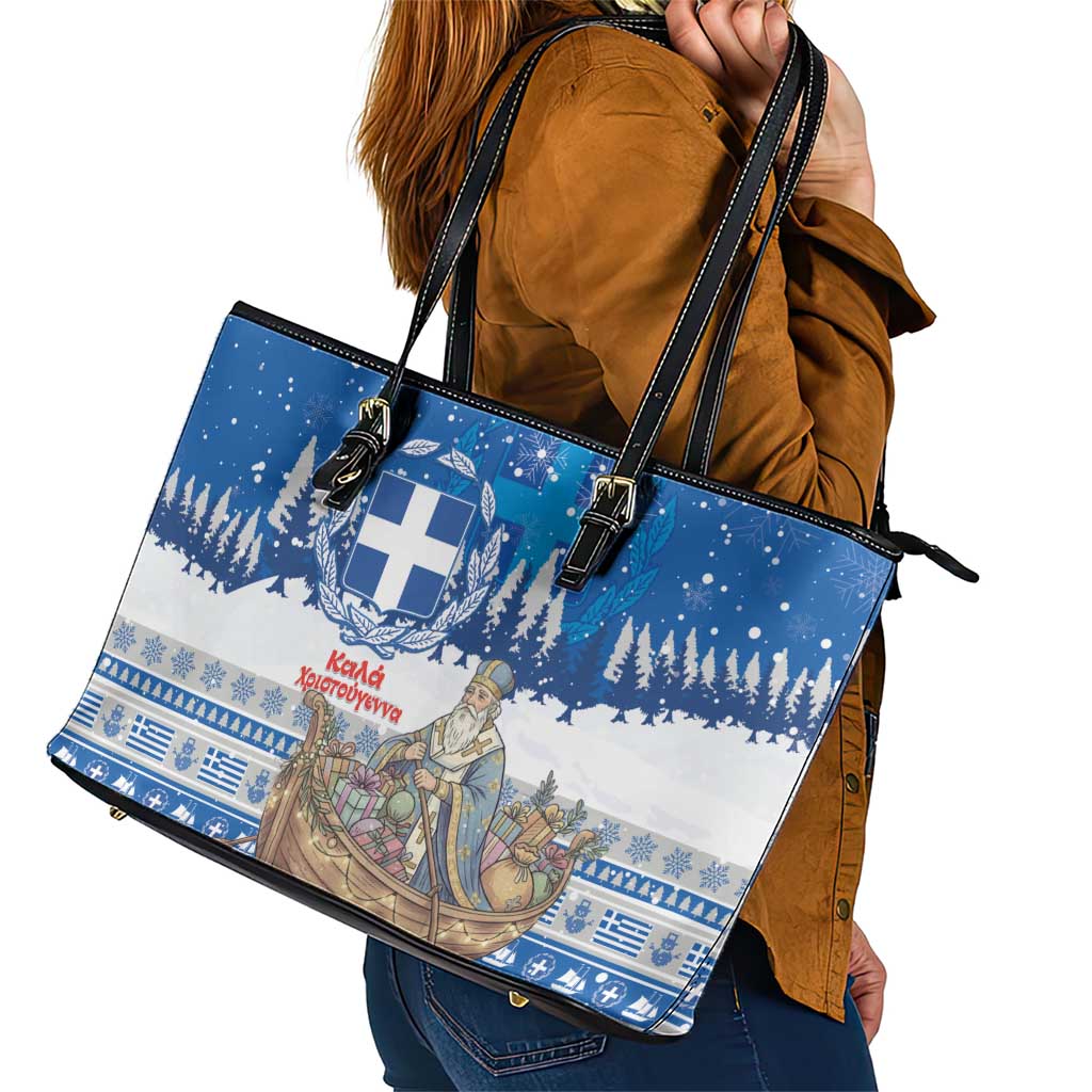 Greece Christmas Leather Tote Bag Saint Basil Kala Cristouyenna - Wonder Print Shop