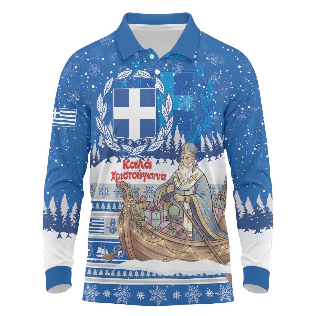 Greece Christmas Long Sleeve Polo Shirt Saint Basil Kala Cristouyenna - Wonder Print Shop