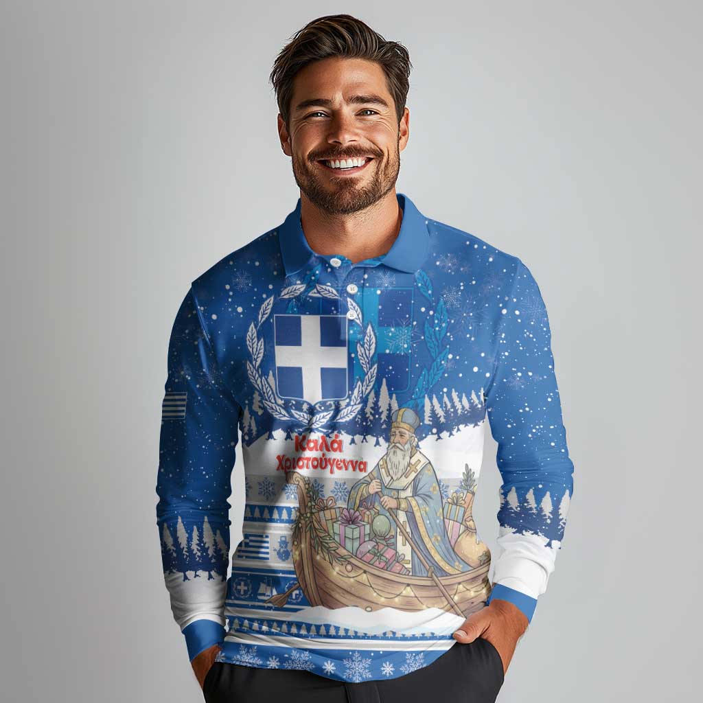 Greece Christmas Long Sleeve Polo Shirt Saint Basil Kala Cristouyenna - Wonder Print Shop