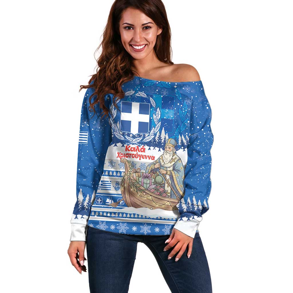 Greece Christmas Off Shoulder Sweater Saint Basil Kala Cristouyenna - Wonder Print Shop
