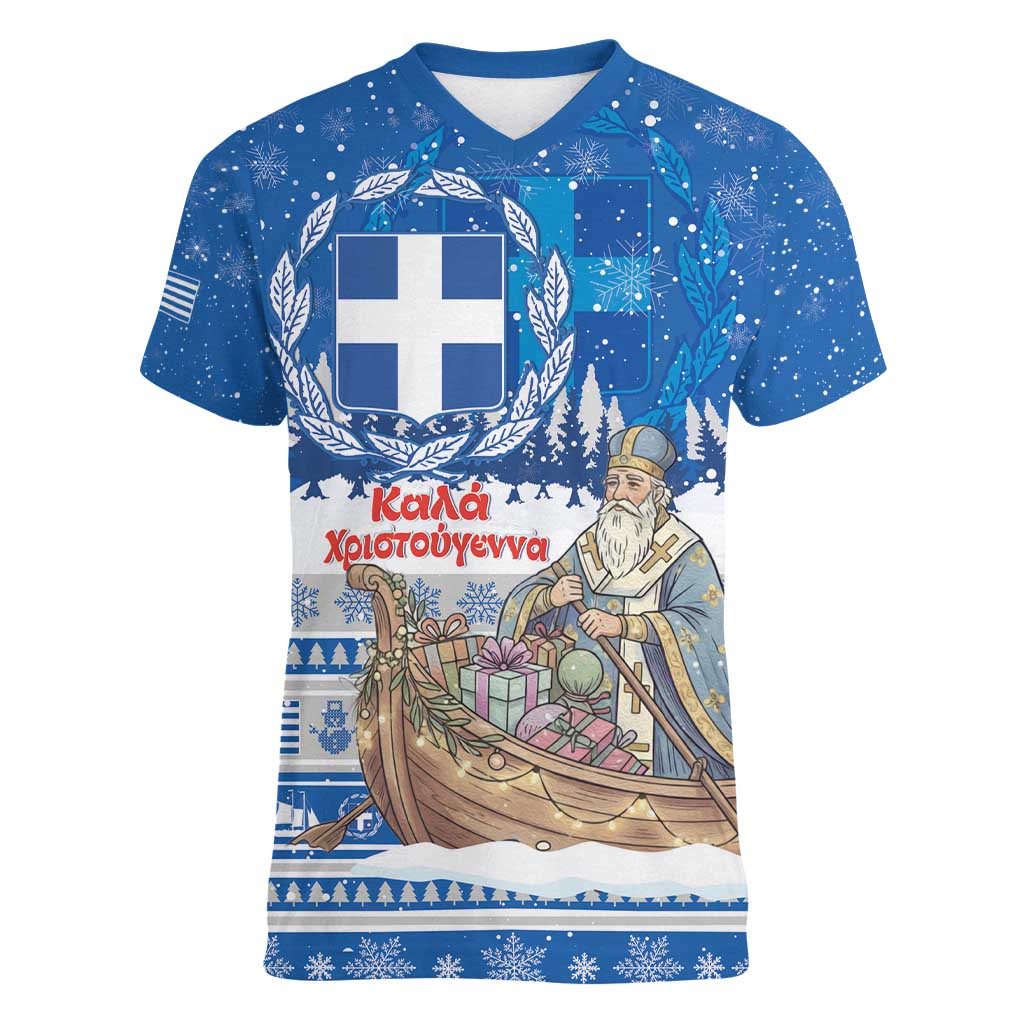 Greece Christmas Women V-Neck T-Shirt Saint Basil Kala Cristouyenna - Wonder Print Shop