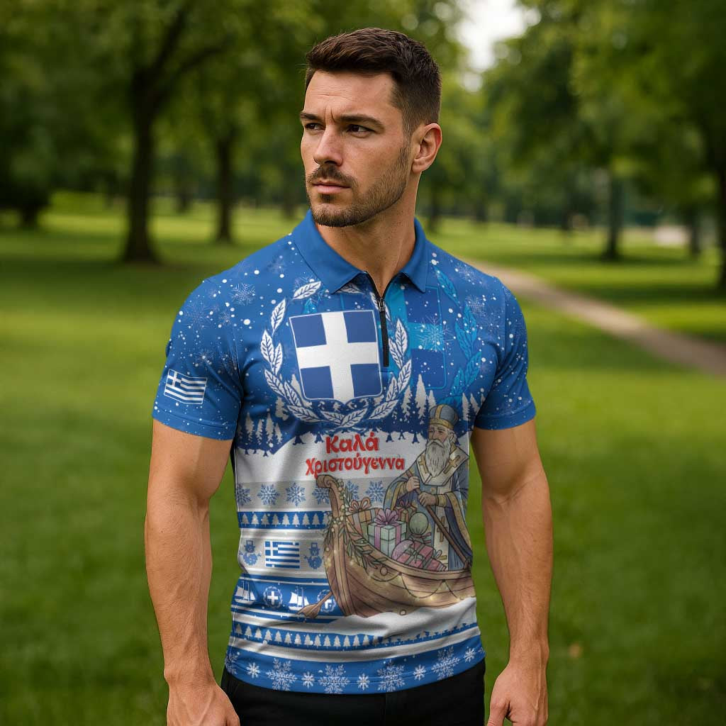 Greece Christmas Zipper Polo Shirt Saint Basil Kala Cristouyenna - Wonder Print Shop