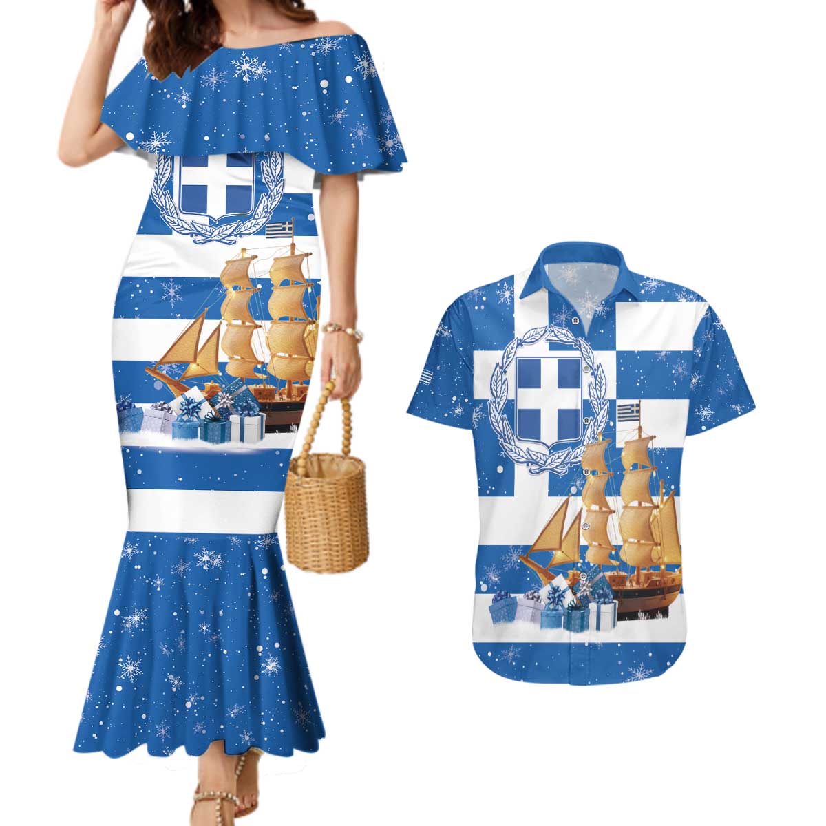 Greece Karavaki Christmas Couples Matching Mermaid Dress and Hawaiian Shirt Merry Chirstmas 2025 - Wonder Print Shop