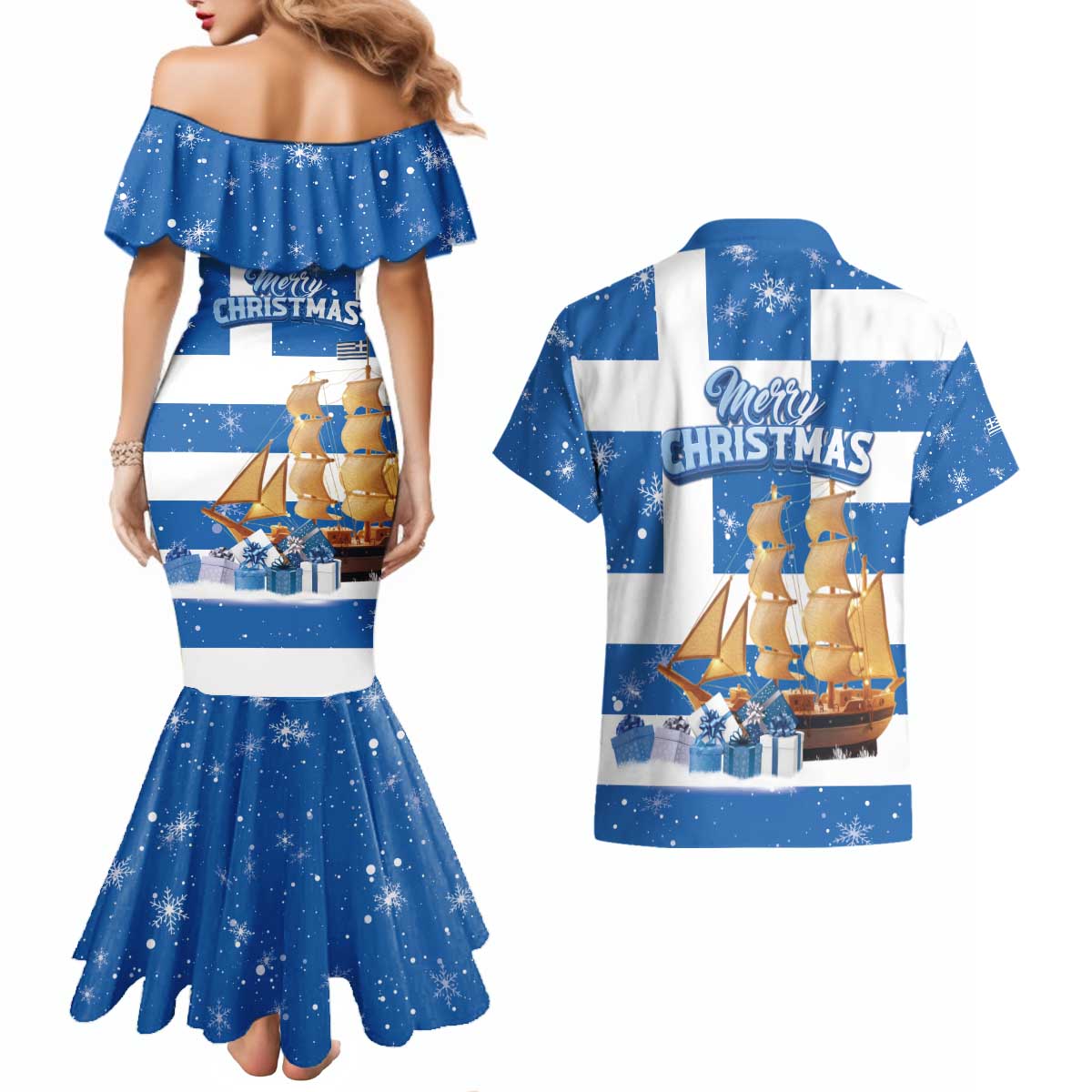 Greece Karavaki Christmas Couples Matching Mermaid Dress and Hawaiian Shirt Merry Chirstmas 2025 - Wonder Print Shop