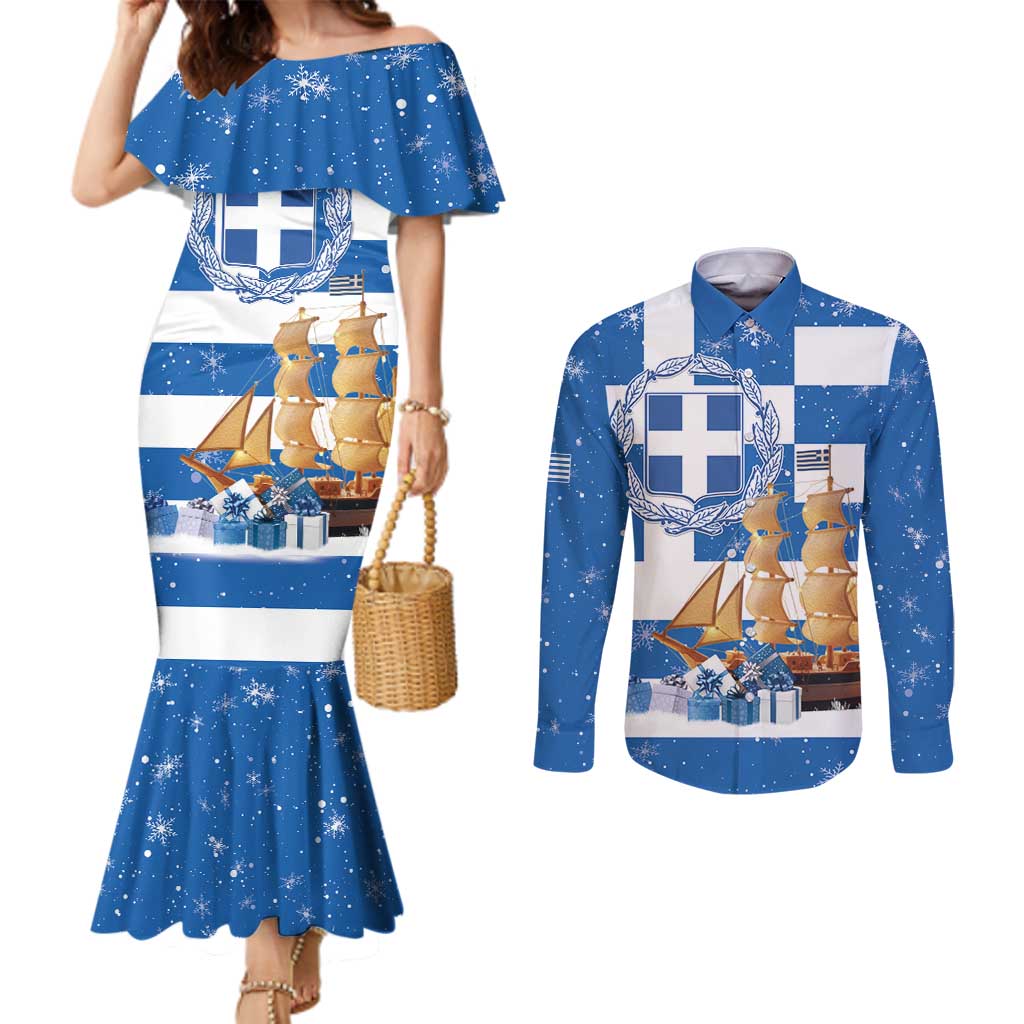 Greece Karavaki Christmas Couples Matching Mermaid Dress and Long Sleeve Button Shirt Merry Chirstmas 2025 - Wonder Print Shop