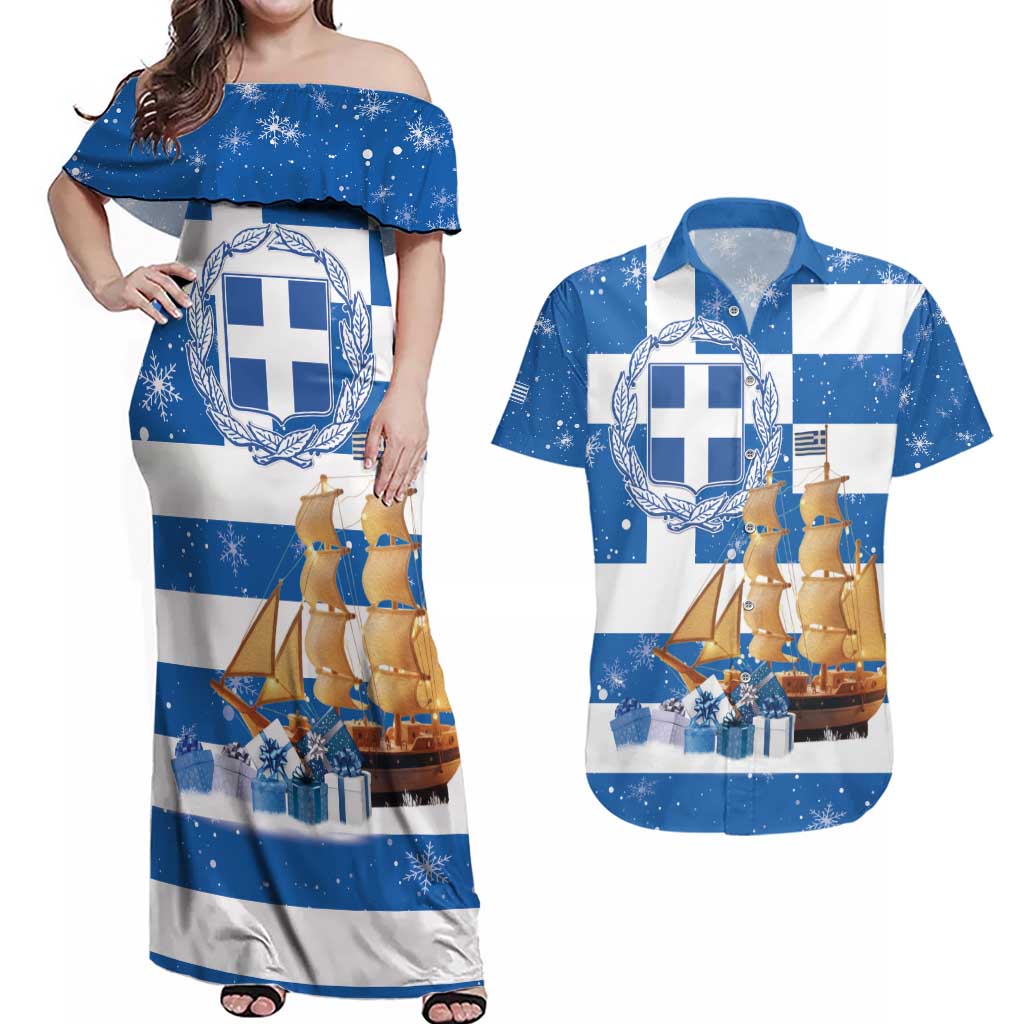 Greece Karavaki Christmas Couples Matching Off Shoulder Maxi Dress and Hawaiian Shirt Merry Chirstmas 2025 - Wonder Print Shop