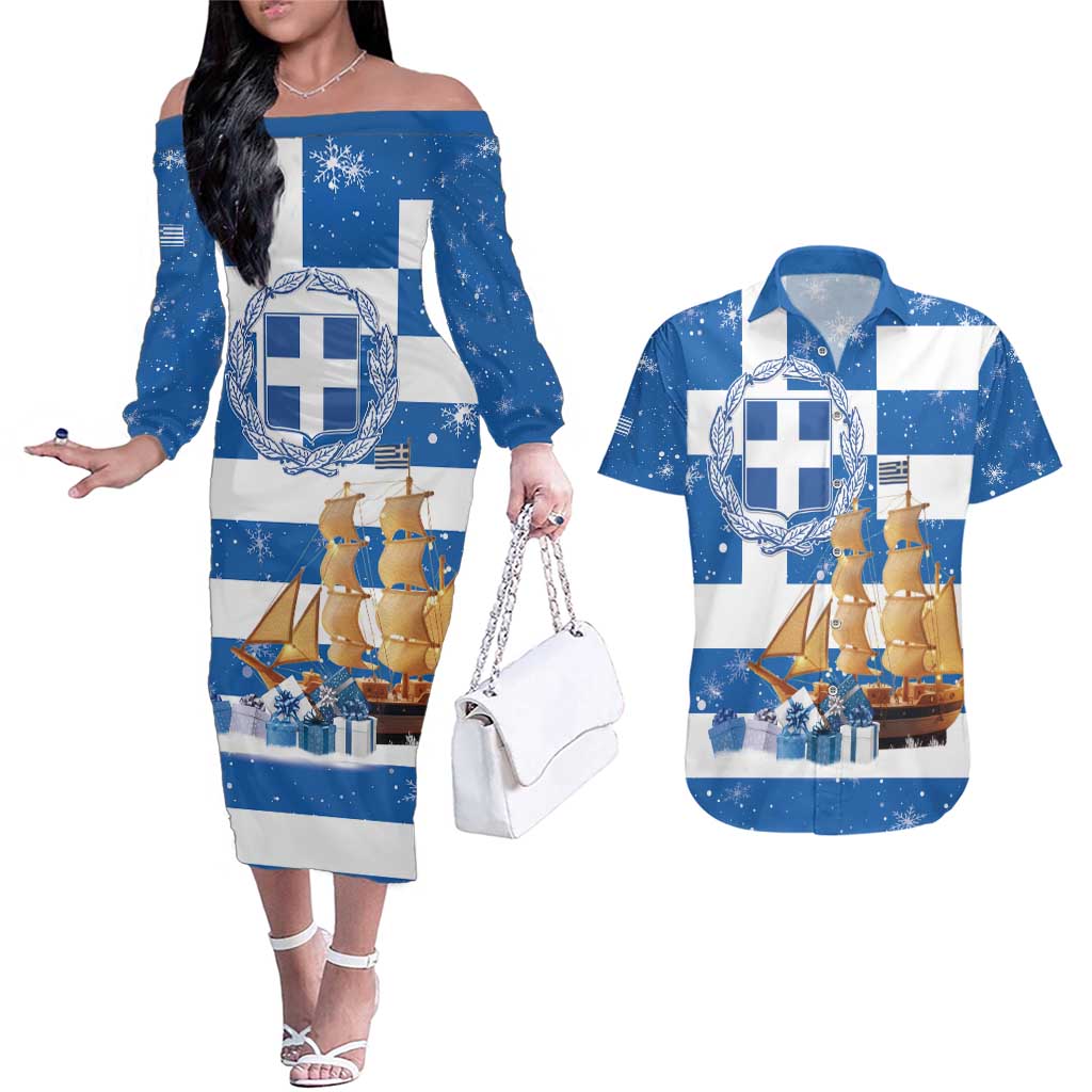 Greece Karavaki Christmas Couples Matching Off The Shoulder Long Sleeve Dress and Hawaiian Shirt Merry Chirstmas 2025 - Wonder Print Shop
