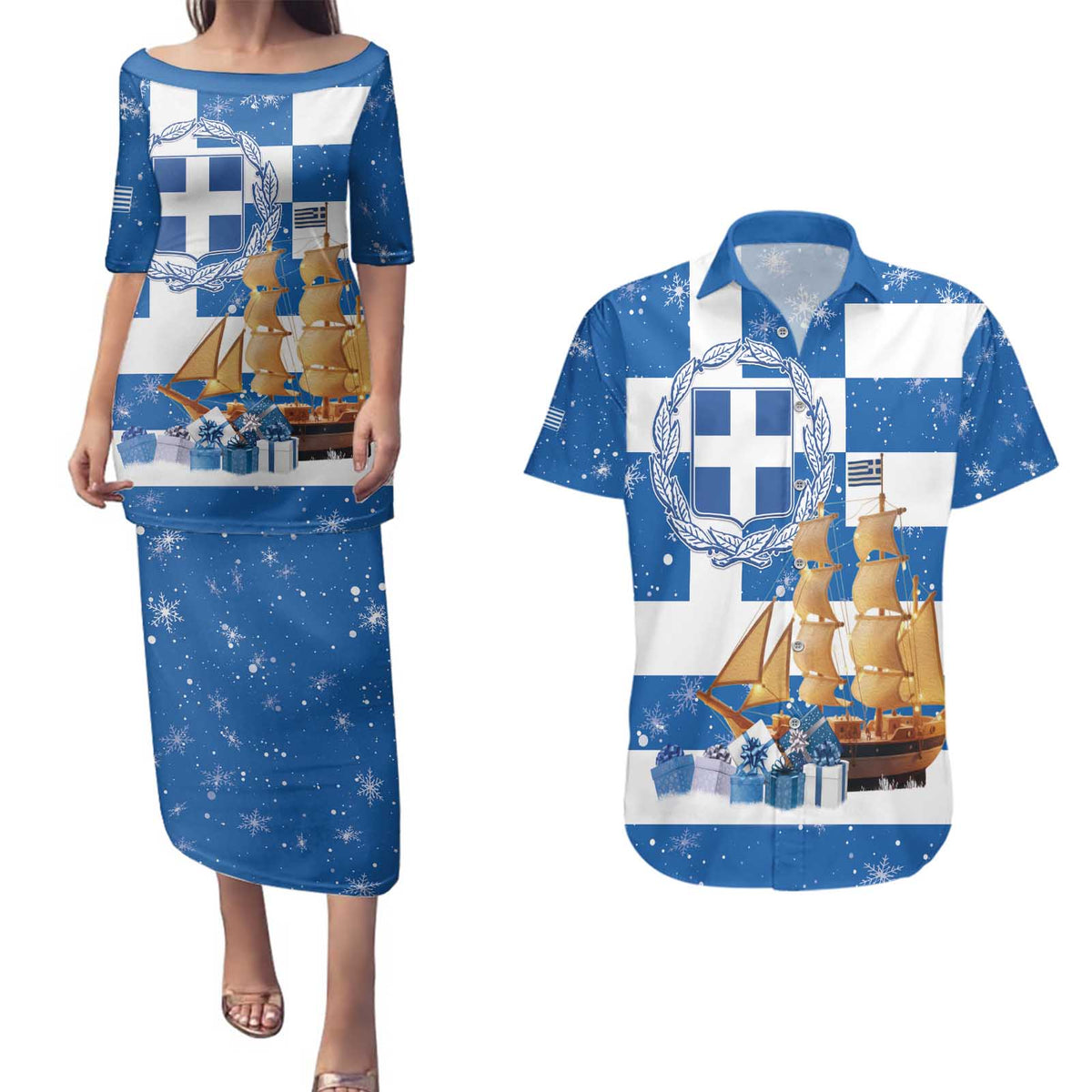 Greece Karavaki Christmas Couples Matching Puletasi and Hawaiian Shirt Merry Chirstmas 2025 - Wonder Print Shop