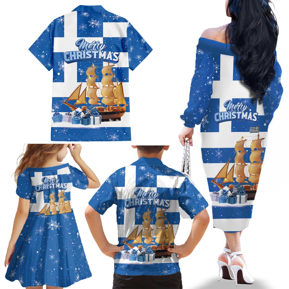 Greece Karavaki Christmas Family Matching Off The Shoulder Long Sleeve Dress and Hawaiian Shirt Merry Chirstmas 2025 - Wonder Print Shop
