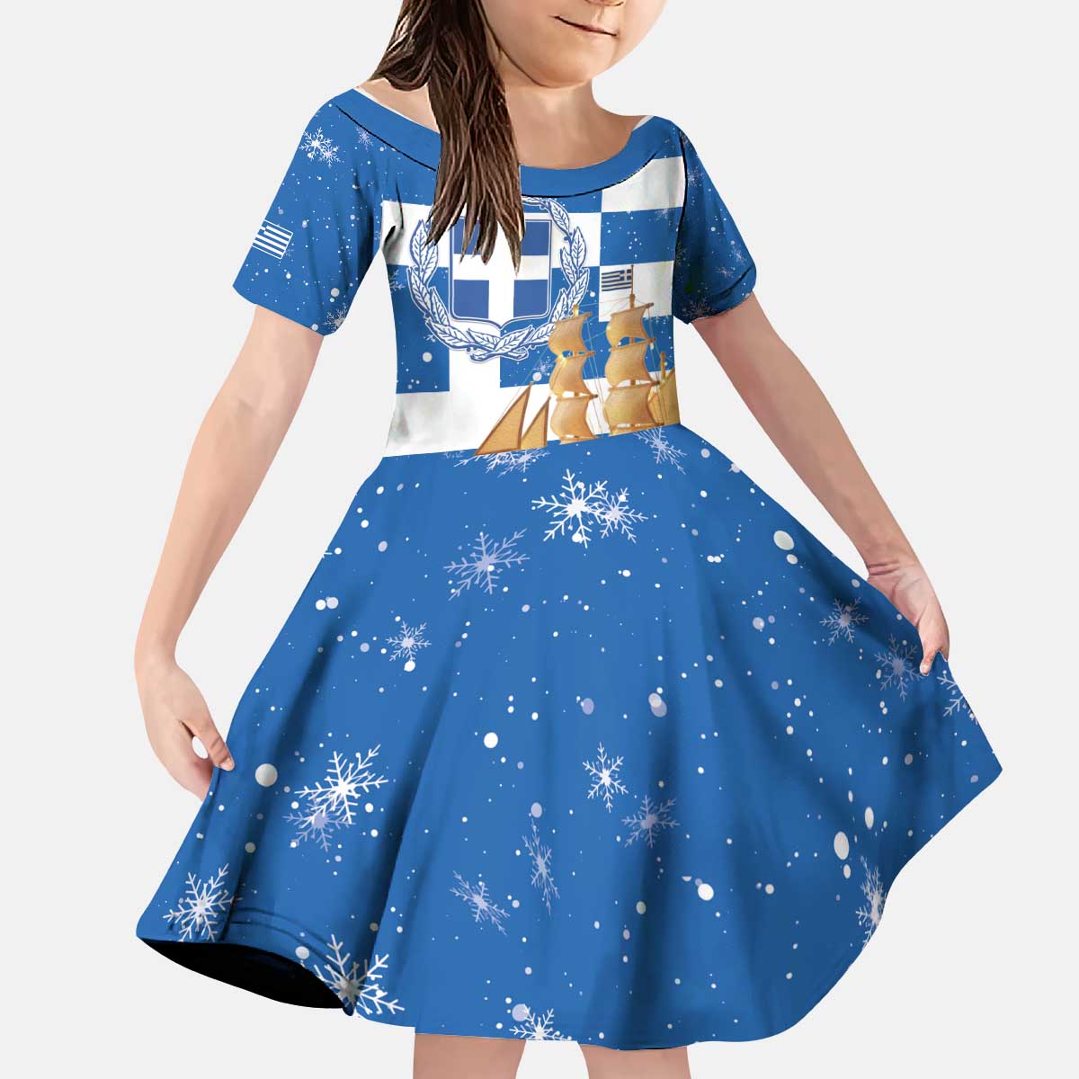Greece Karavaki Christmas Kid Short Sleeve Dress Merry Chirstmas 2025 - Wonder Print Shop