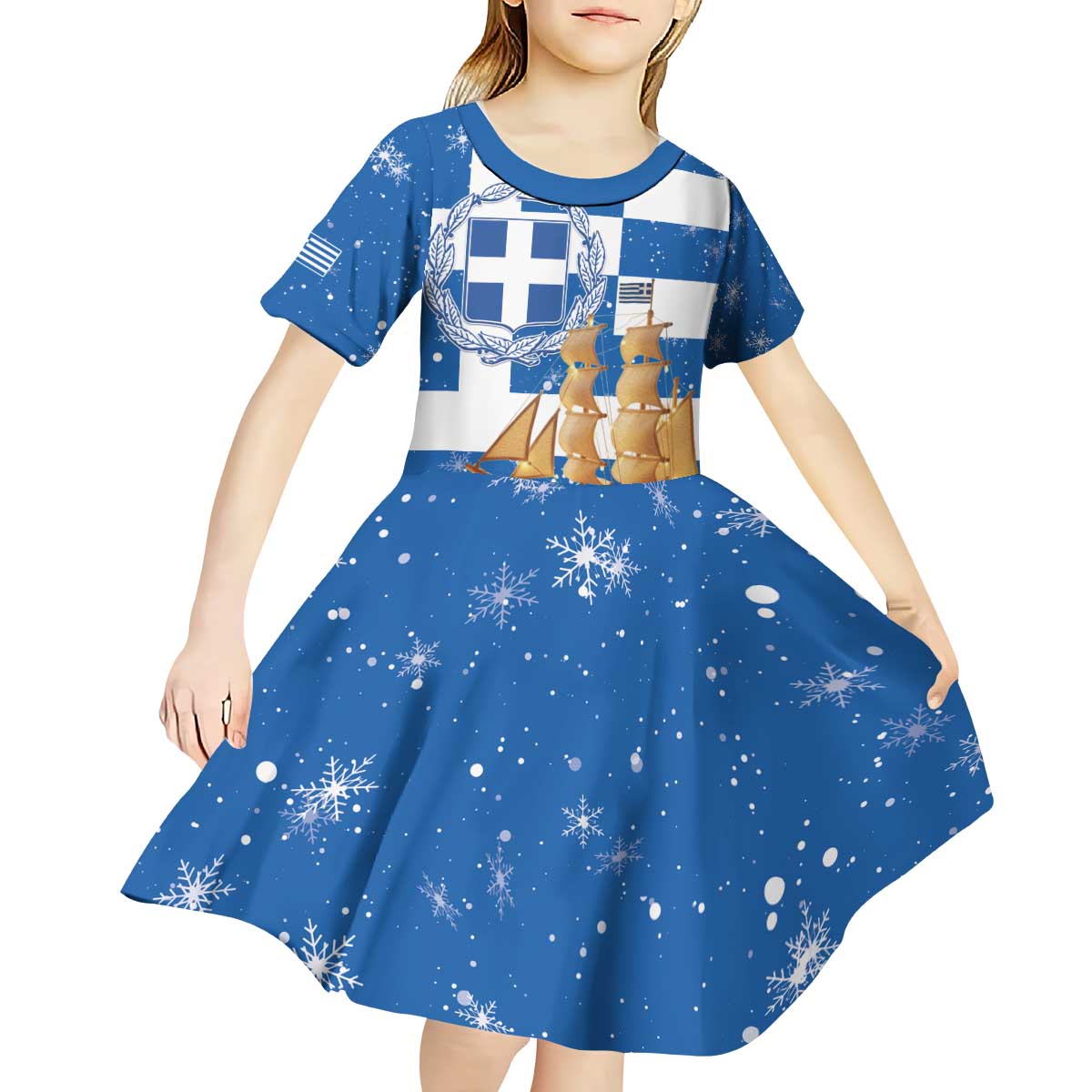 Greece Karavaki Christmas Kid Short Sleeve Dress Merry Chirstmas 2025 - Wonder Print Shop