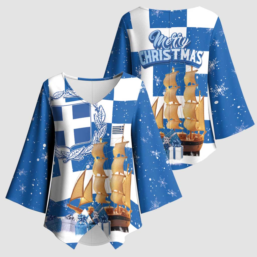 Greece Karavaki Christmas Kimono Sleeve Blouse Merry Chirstmas 2025 - Wonder Print Shop