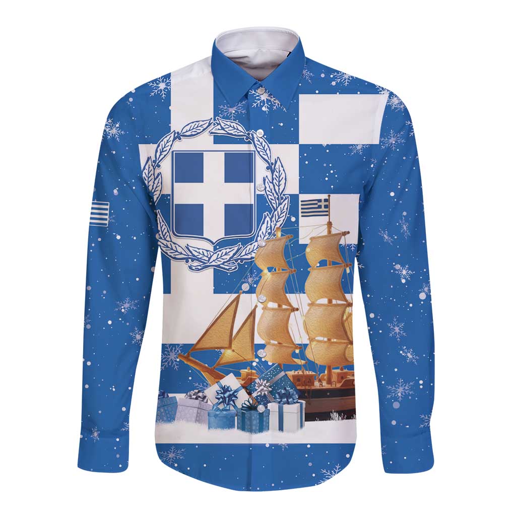 Greece Karavaki Christmas Long Sleeve Button Shirt Merry Chirstmas 2025 - Wonder Print Shop