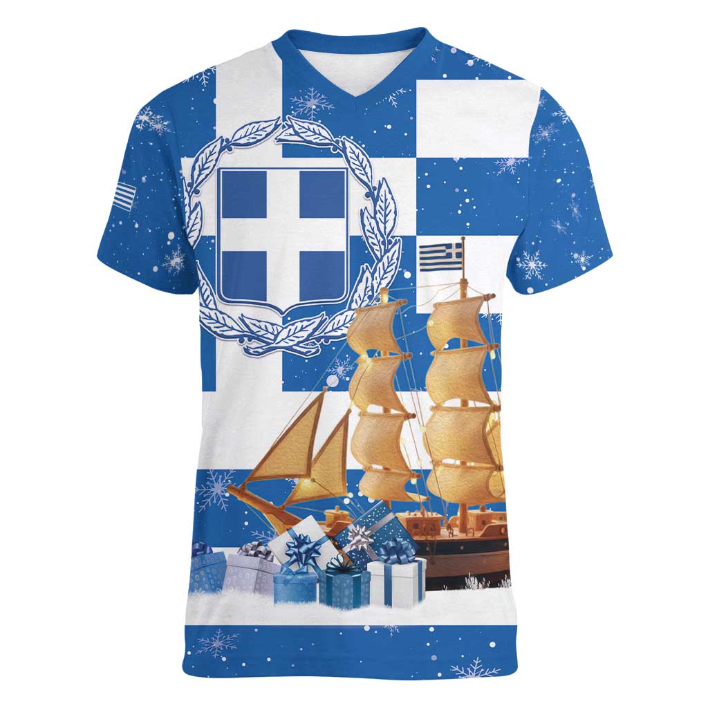 Greece Karavaki Christmas Women V-Neck T-Shirt Merry Chirstmas 2025 - Wonder Print Shop