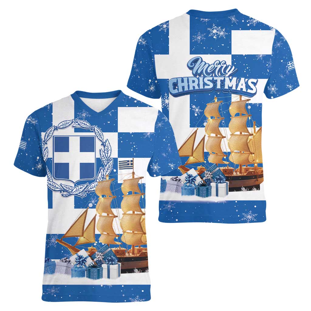 Greece Karavaki Christmas Women V-Neck T-Shirt Merry Chirstmas 2025 - Wonder Print Shop