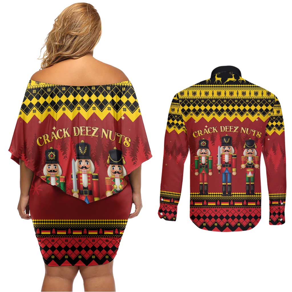 Germany Nussknacker Christmas Couples Matching Off Shoulder Short Dress and Long Sleeve Button Shirt Crack Deez Nuts - Wonder Print Shop