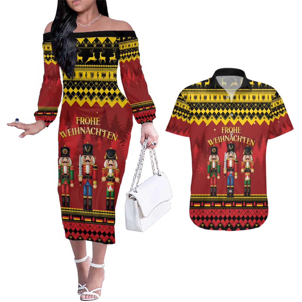 Germany Nussknacker Christmas Couples Matching Off The Shoulder Long Sleeve Dress and Hawaiian Shirt Crack Deez Nuts - Wonder Print Shop