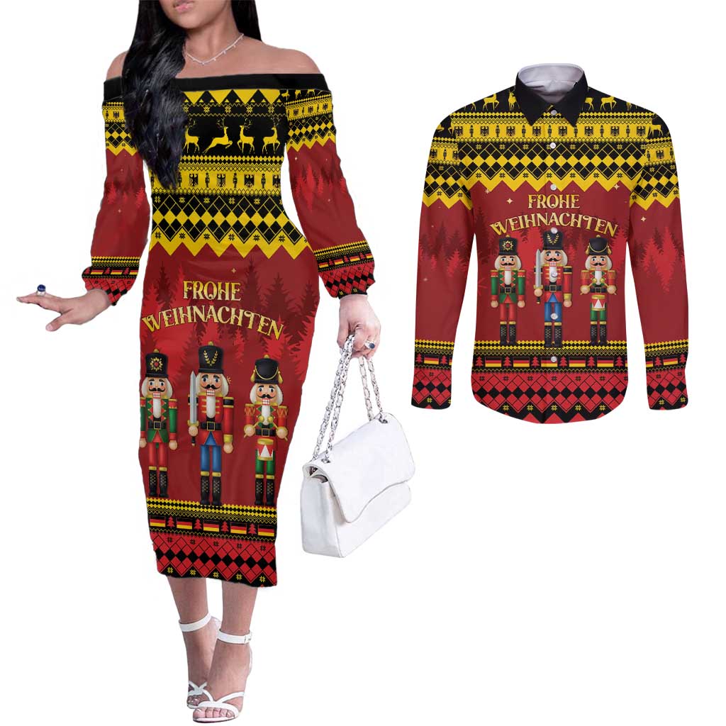 Germany Nussknacker Christmas Couples Matching Off The Shoulder Long Sleeve Dress and Long Sleeve Button Shirt Crack Deez Nuts - Wonder Print Shop