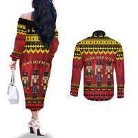 Germany Nussknacker Christmas Couples Matching Off The Shoulder Long Sleeve Dress and Long Sleeve Button Shirt Crack Deez Nuts - Wonder Print Shop