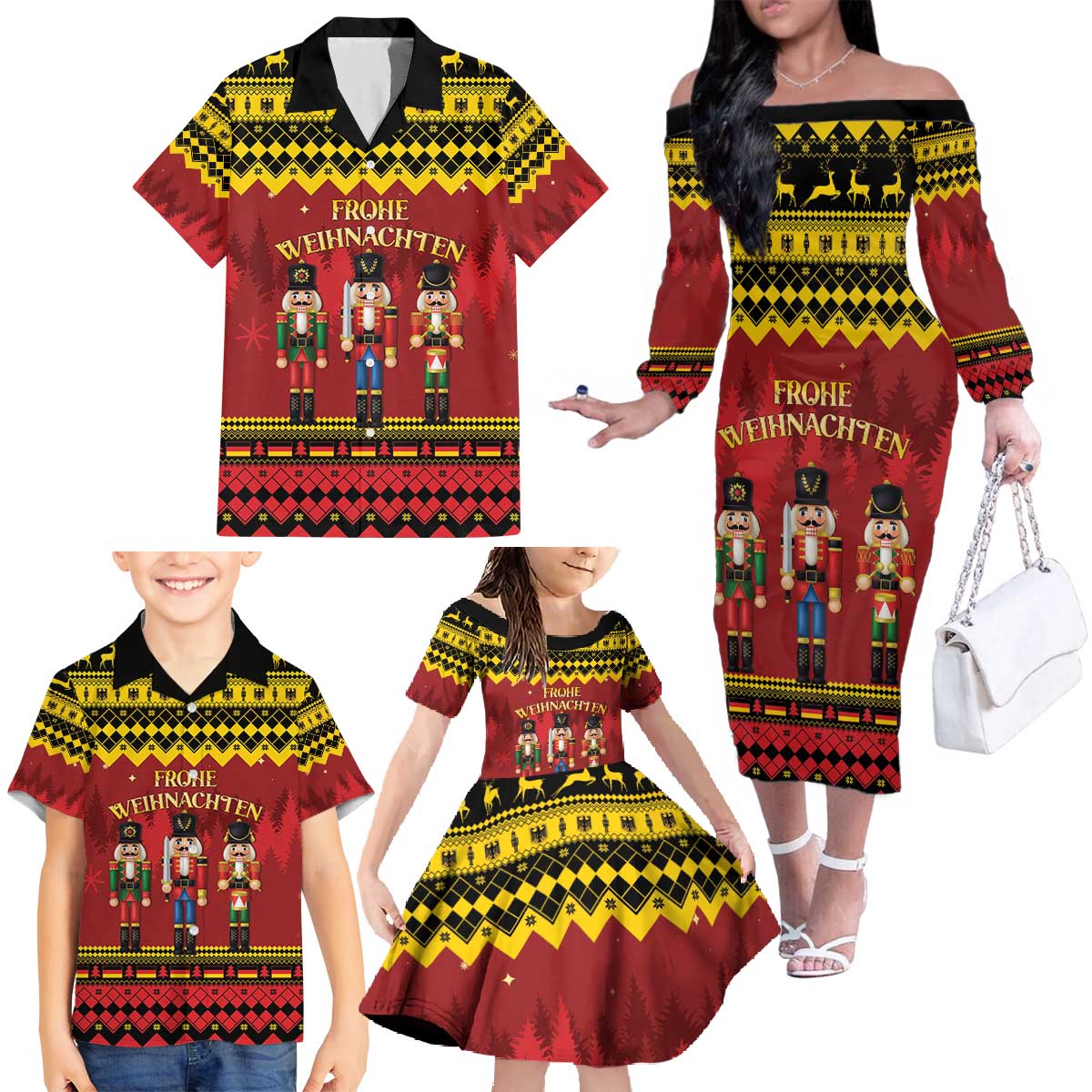Germany Nussknacker Christmas Family Matching Off The Shoulder Long Sleeve Dress and Hawaiian Shirt Crack Deez Nuts - Wonder Print Shop
