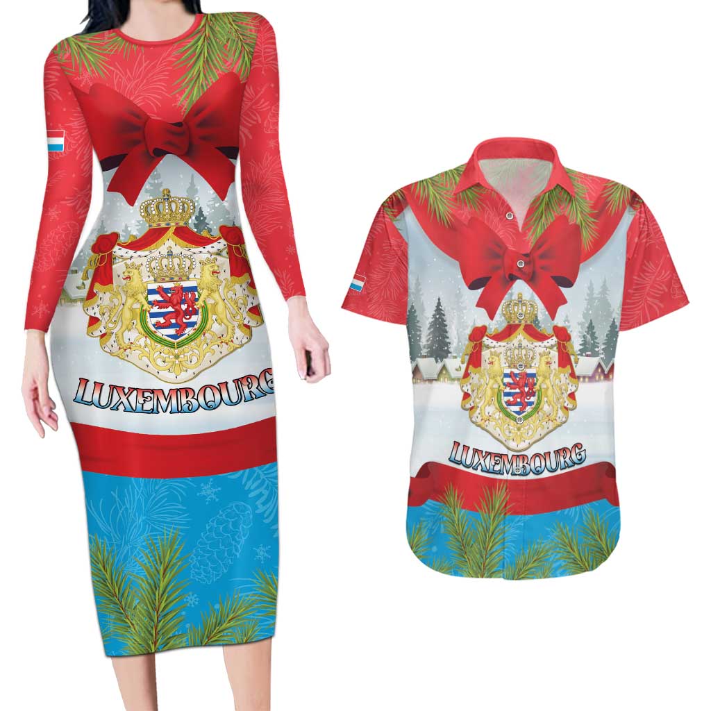 Personalised Luxembourg Christmas Couples Matching Long Sleeve Bodycon Dress and Hawaiian Shirt Schei Chreschtdeeg 2025 - Wonder Print Shop