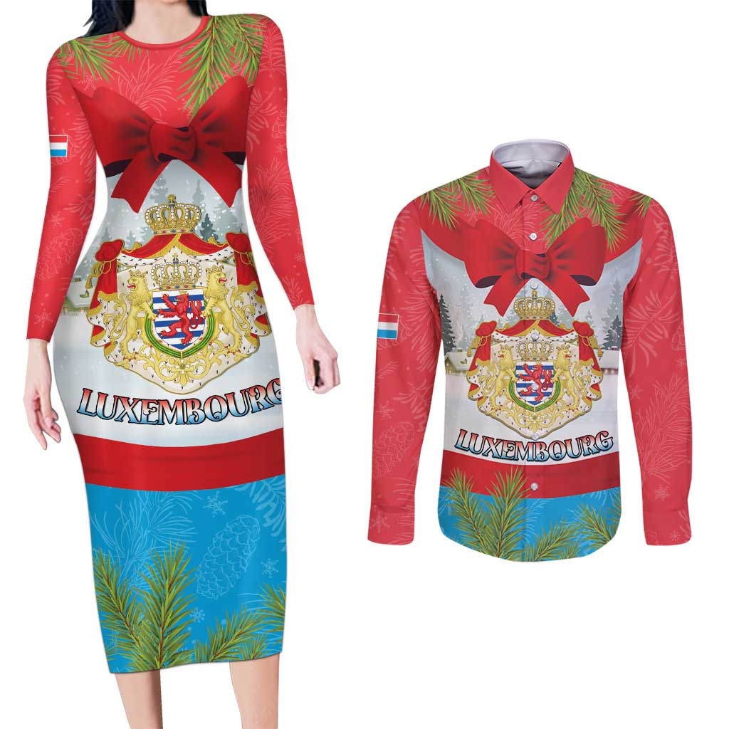 Personalised Luxembourg Christmas Couples Matching Long Sleeve Bodycon Dress and Long Sleeve Button Shirt Schei Chreschtdeeg 2025 - Wonder Print Shop