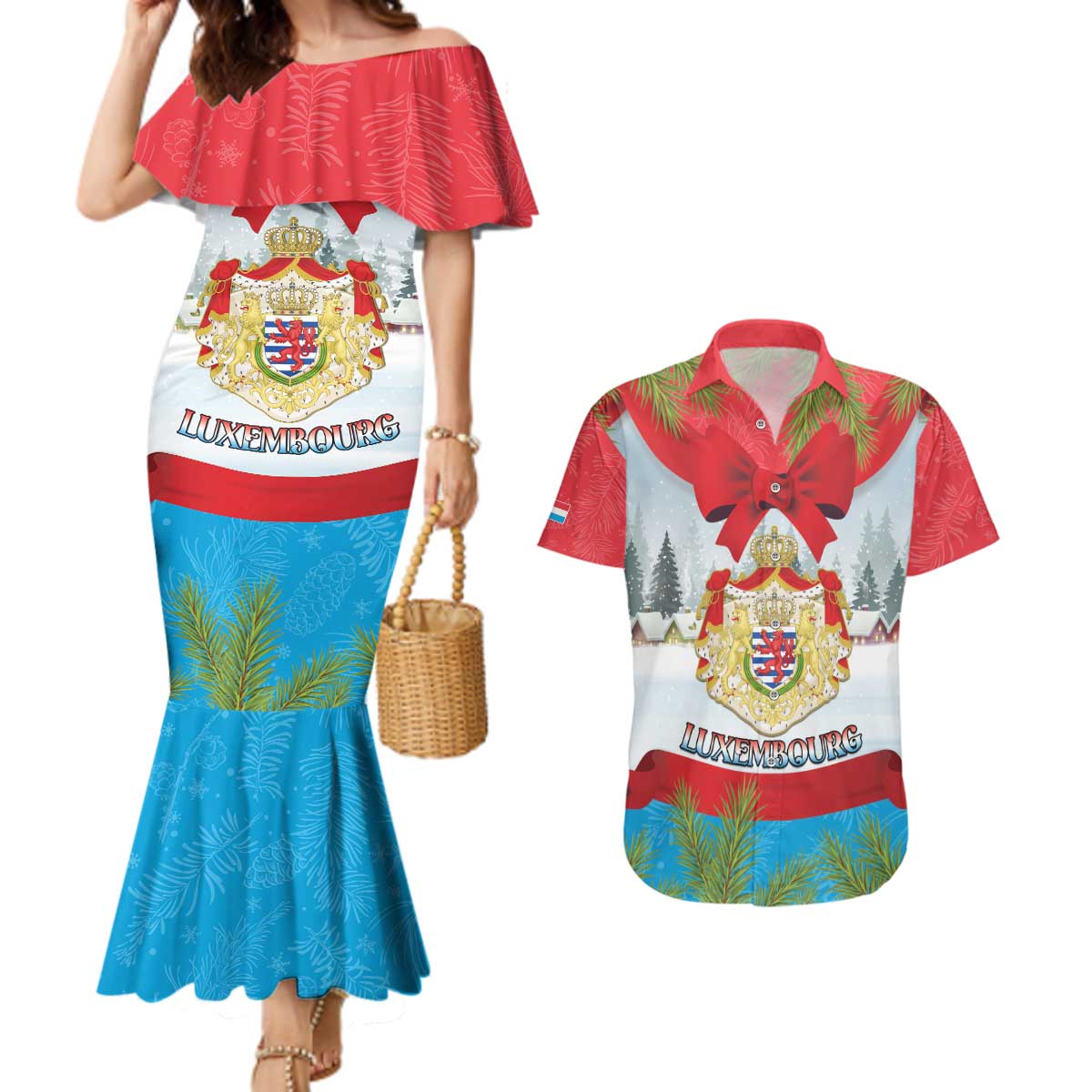 Personalised Luxembourg Christmas Couples Matching Mermaid Dress and Hawaiian Shirt Schei Chreschtdeeg 2025 - Wonder Print Shop