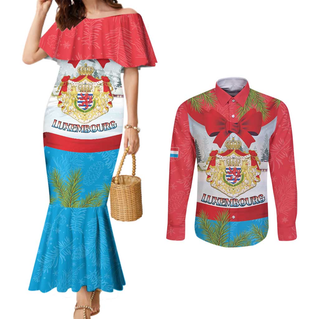 Personalised Luxembourg Christmas Couples Matching Mermaid Dress and Long Sleeve Button Shirt Schei Chreschtdeeg 2025 - Wonder Print Shop