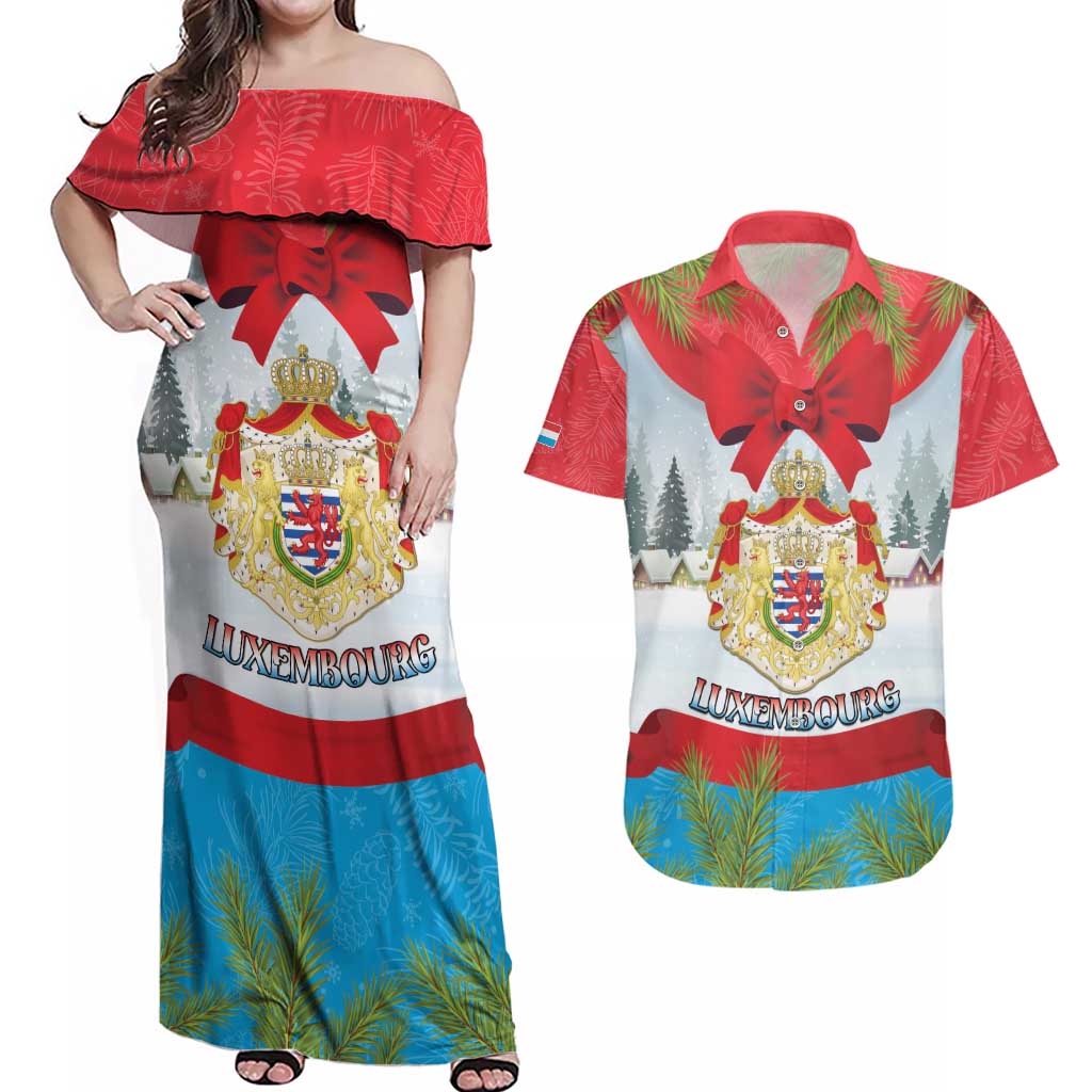 Personalised Luxembourg Christmas Couples Matching Off Shoulder Maxi Dress and Hawaiian Shirt Schei Chreschtdeeg 2025 - Wonder Print Shop