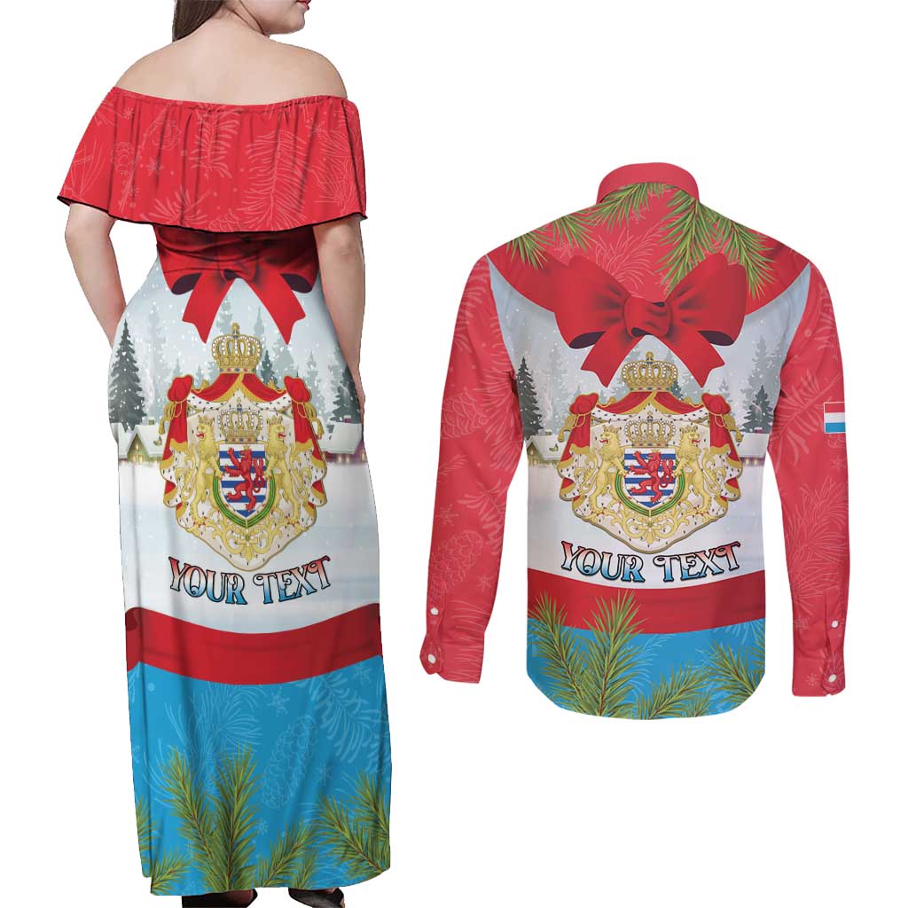 Personalised Luxembourg Christmas Couples Matching Off Shoulder Maxi Dress and Long Sleeve Button Shirt Schei Chreschtdeeg 2025 - Wonder Print Shop