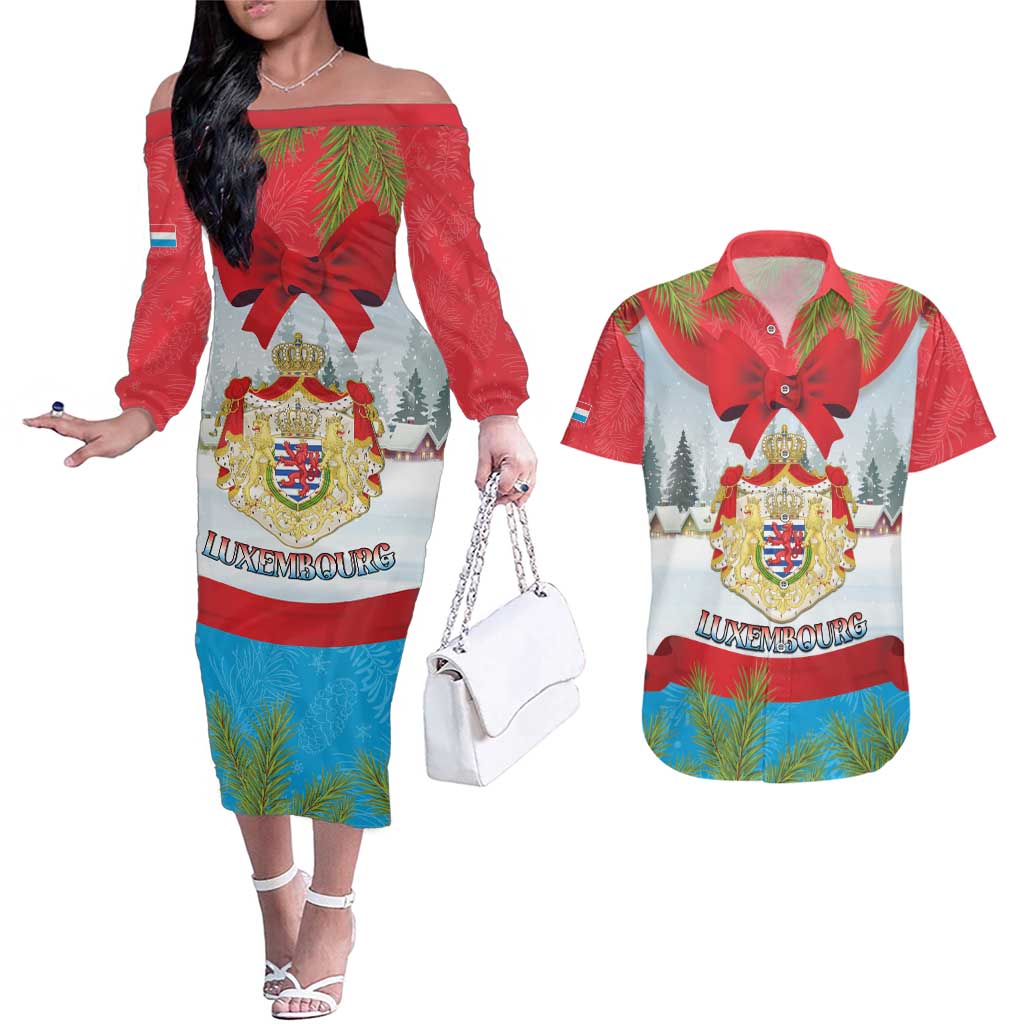 Personalised Luxembourg Christmas Couples Matching Off The Shoulder Long Sleeve Dress and Hawaiian Shirt Schei Chreschtdeeg 2025 - Wonder Print Shop