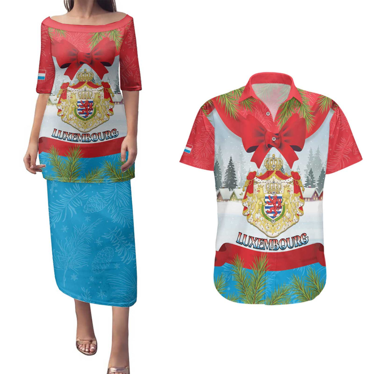 Personalised Luxembourg Christmas Couples Matching Puletasi and Hawaiian Shirt Schei Chreschtdeeg 2025 - Wonder Print Shop