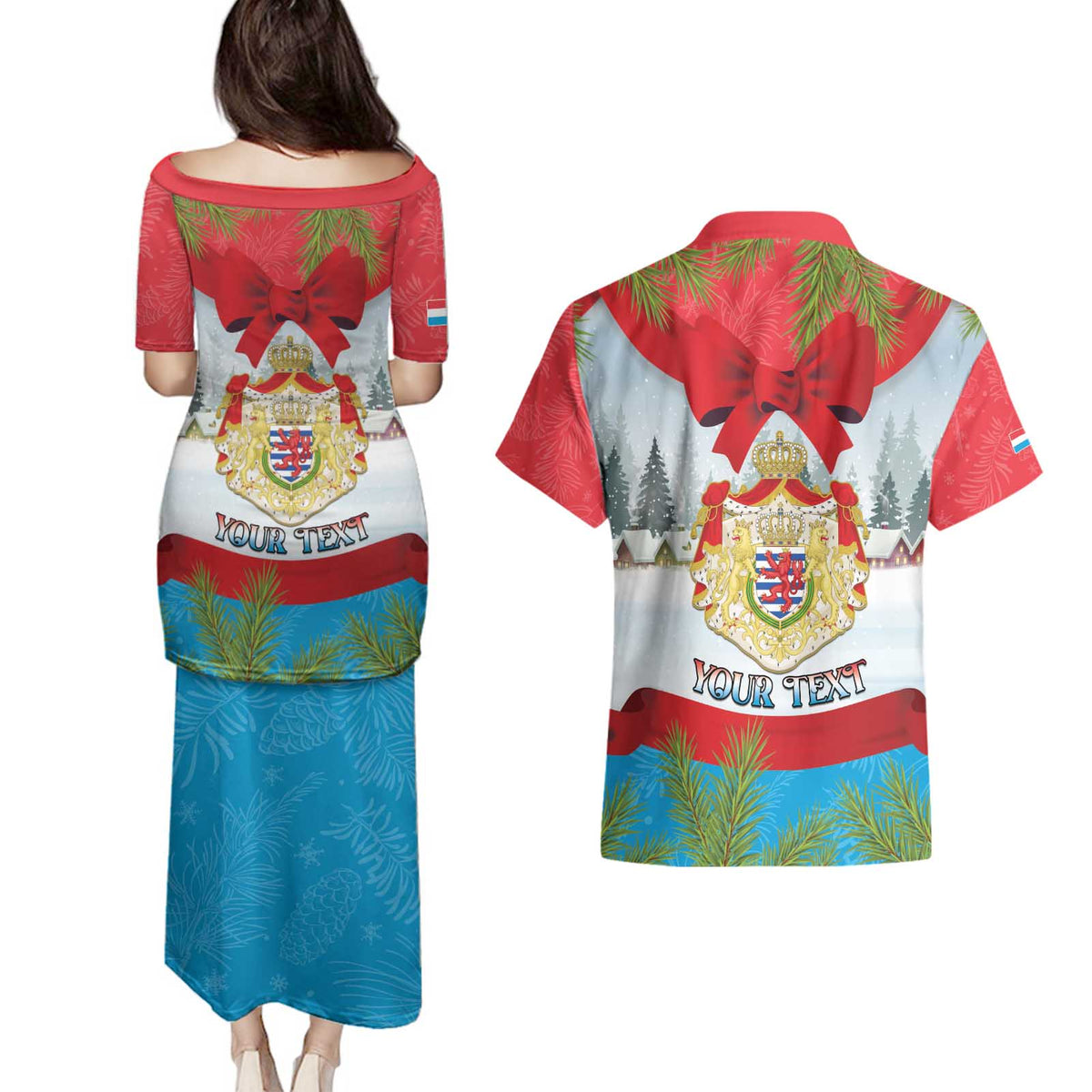 Personalised Luxembourg Christmas Couples Matching Puletasi and Hawaiian Shirt Schei Chreschtdeeg 2025 - Wonder Print Shop