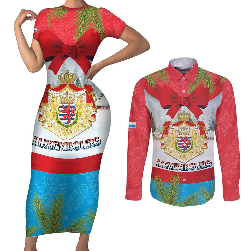Personalised Luxembourg Christmas Couples Matching Short Sleeve Bodycon Dress and Long Sleeve Button Shirt Schei Chreschtdeeg 2025 - Wonder Print Shop