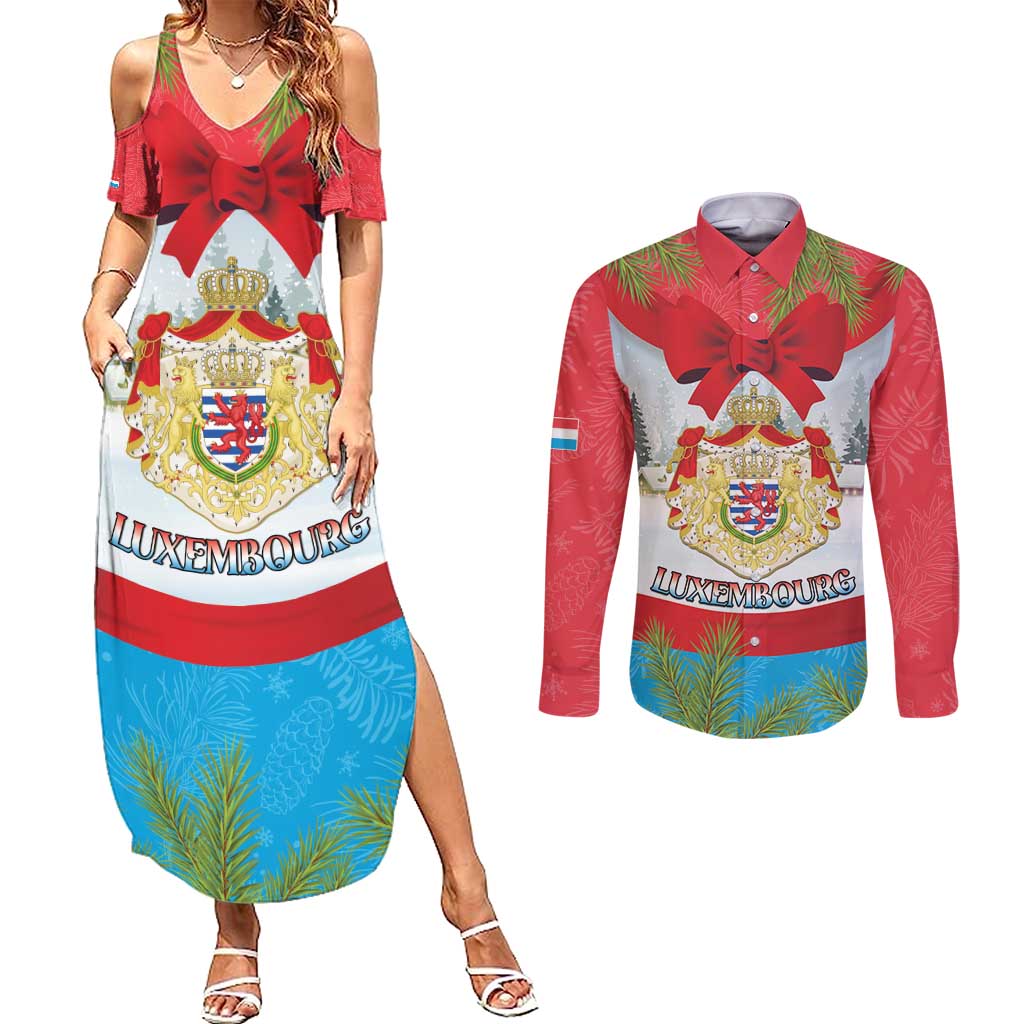 Personalised Luxembourg Christmas Couples Matching Summer Maxi Dress and Long Sleeve Button Shirt Schei Chreschtdeeg 2025 - Wonder Print Shop