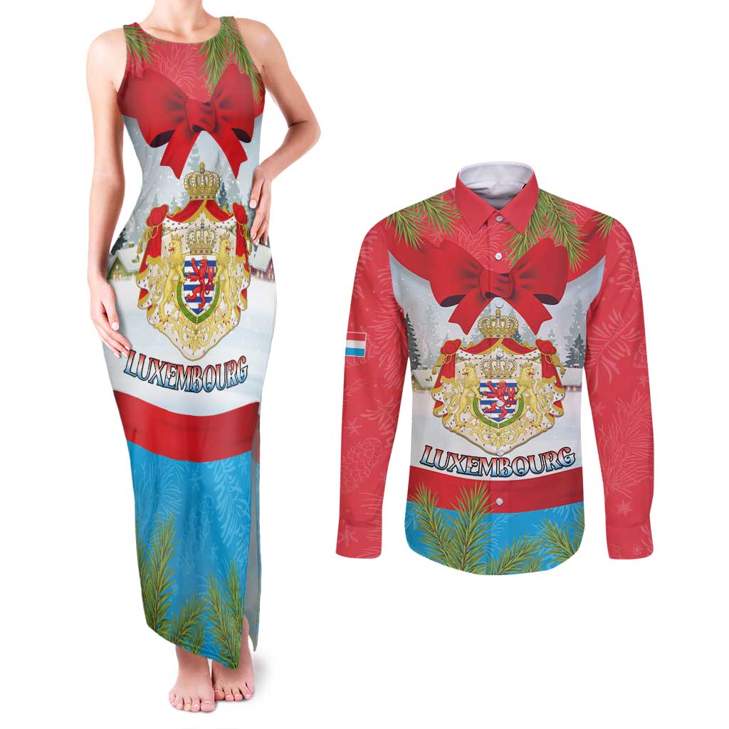 Personalised Luxembourg Christmas Couples Matching Tank Maxi Dress and Long Sleeve Button Shirt Schei Chreschtdeeg 2025 - Wonder Print Shop