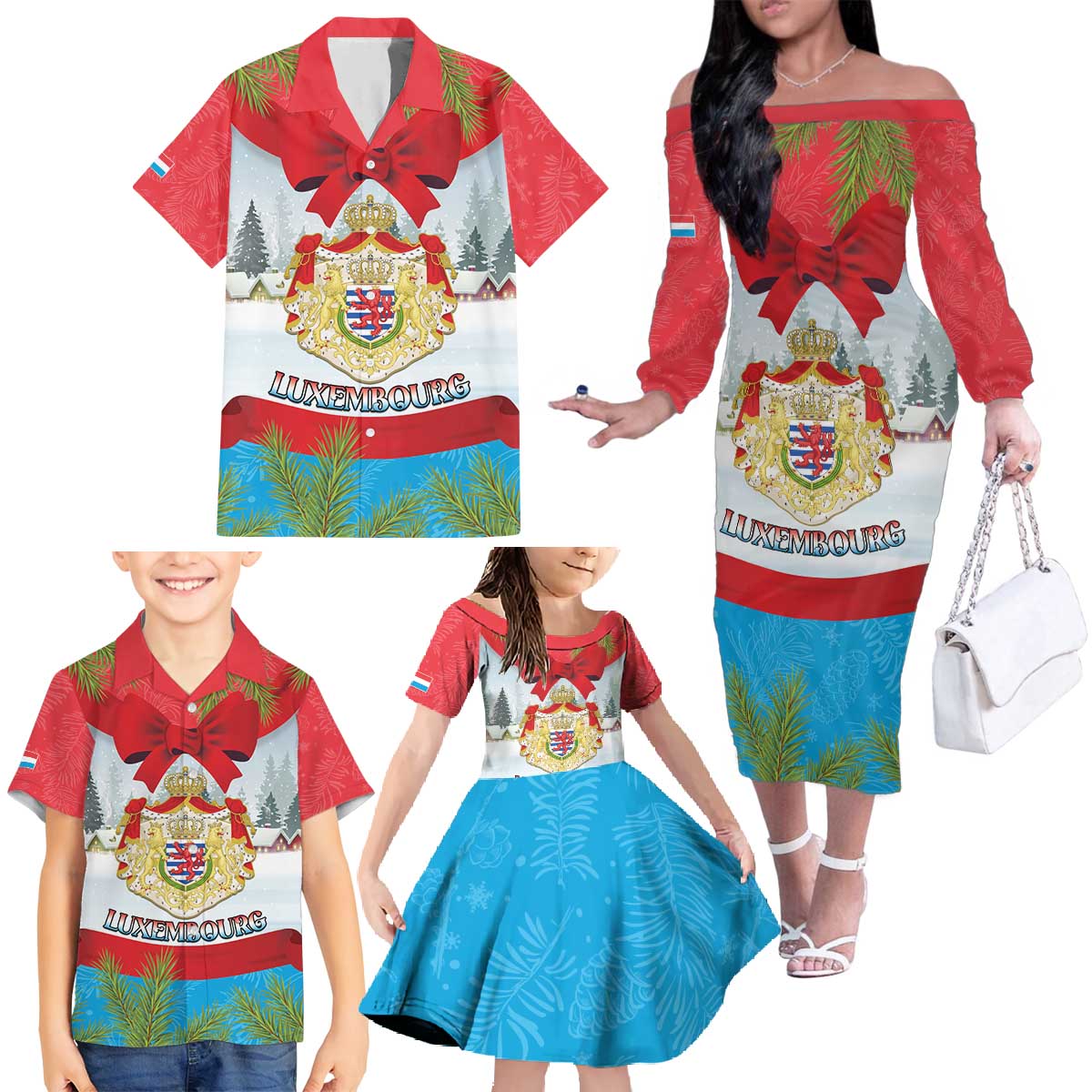 Personalised Luxembourg Christmas Family Matching Off The Shoulder Long Sleeve Dress and Hawaiian Shirt Schei Chreschtdeeg 2025 - Wonder Print Shop