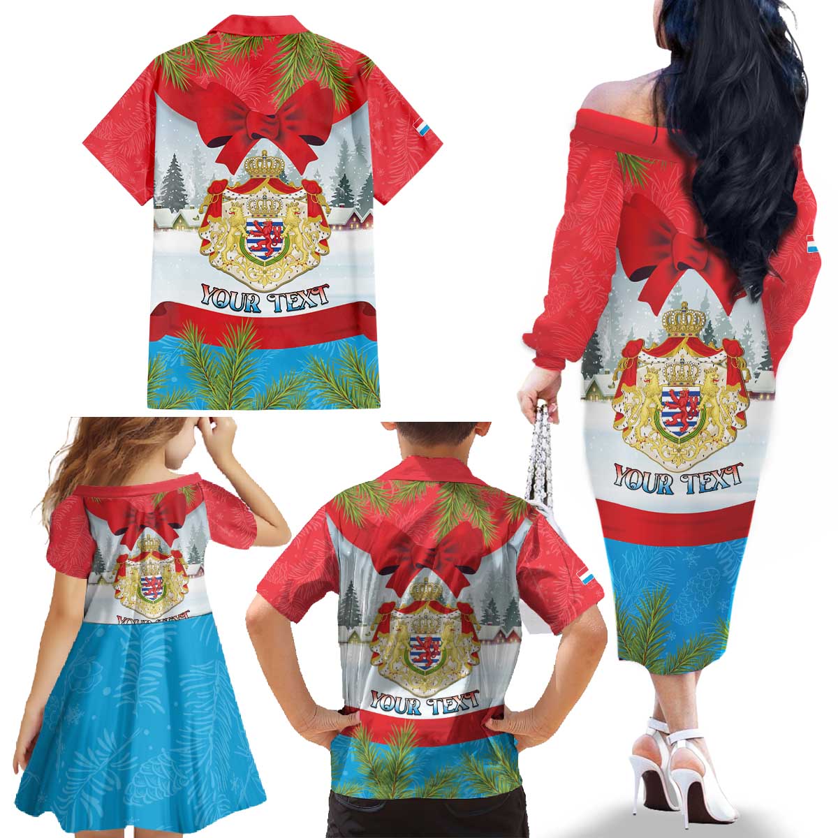 Personalised Luxembourg Christmas Family Matching Off The Shoulder Long Sleeve Dress and Hawaiian Shirt Schei Chreschtdeeg 2025 - Wonder Print Shop