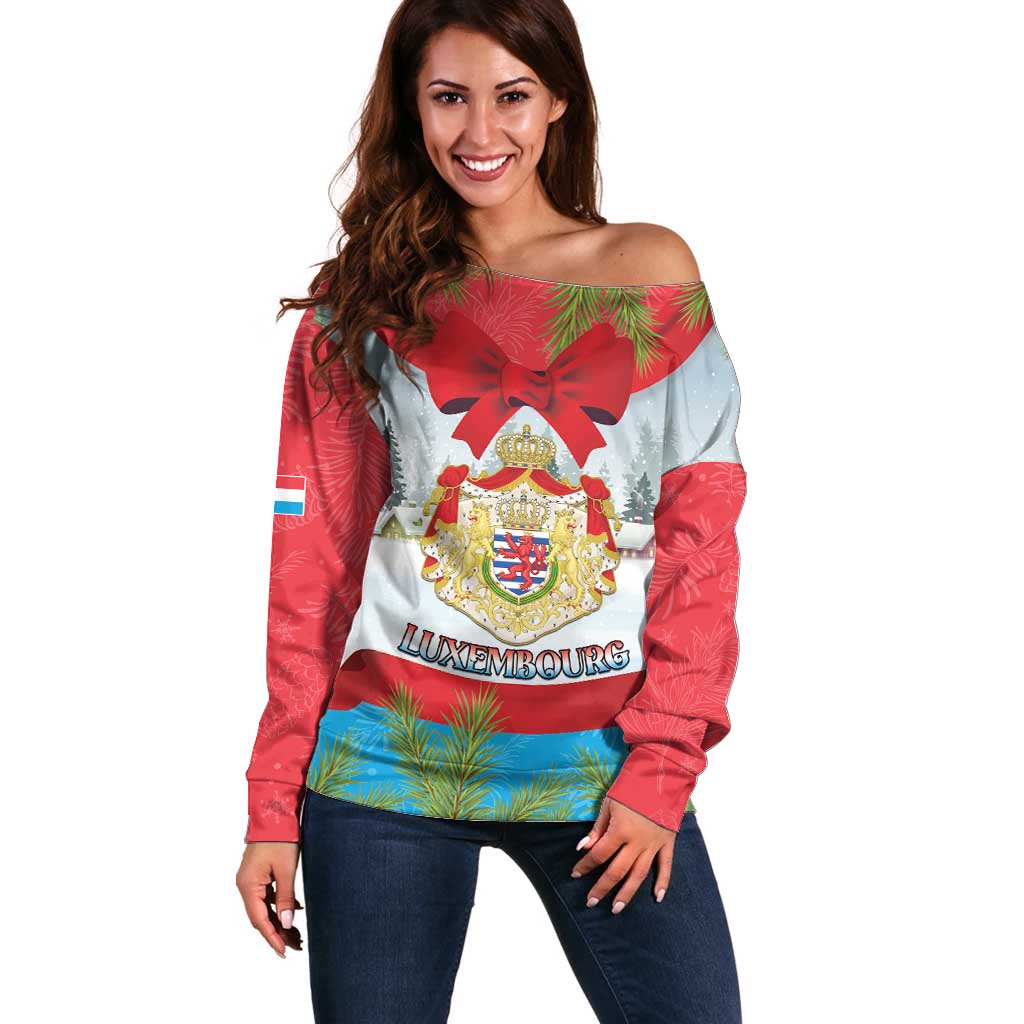 Personalised Luxembourg Christmas Off Shoulder Sweater Schei Chreschtdeeg 2025 - Wonder Print Shop