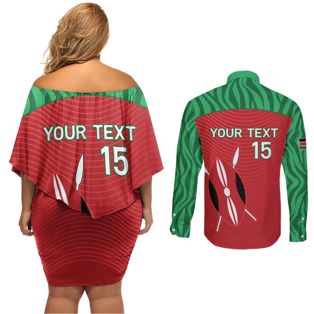 Custom Athletics Kenya Couples Matching Off Shoulder Short Dress and Long Sleeve Button Shirt Kenyan Runner - Wonder Print Shop