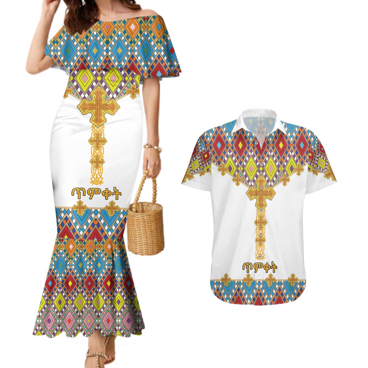 Ethiopian Epiphany Couples Matching Mermaid Dress and Hawaiian Shirt Cross Mix Tilet Pattern - Wonder Print Shop